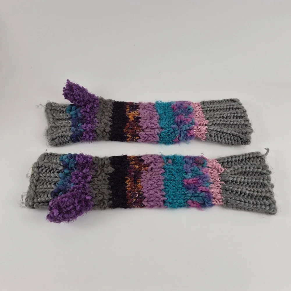 Boho Multi Color Striped Chunky Knit Fingerless Gloves Arm Warmers One Size